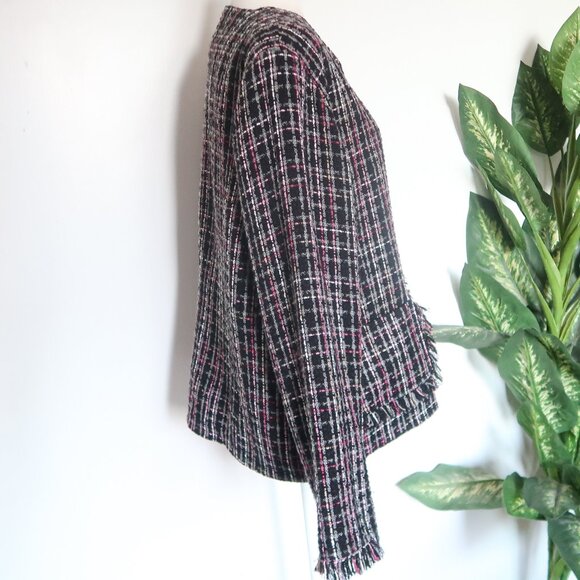 Chico’s Black Pink Tweed Plaid Jacket Blazer Office Career Fall Winter L Large - Picture 6 of 15